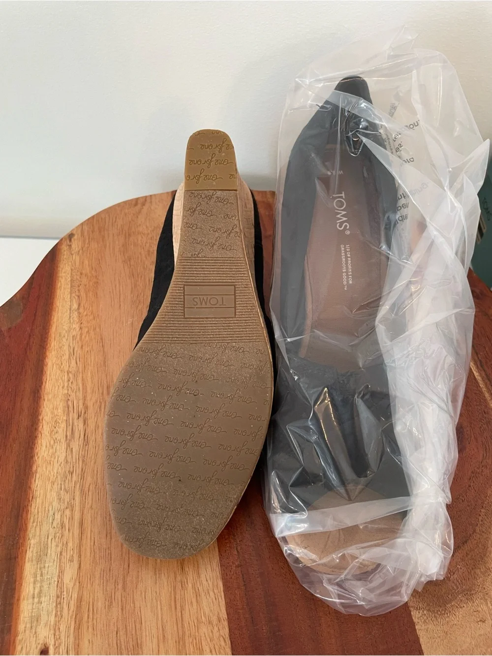 TOMS Black Canvas Cork Wedge Peep-Toe